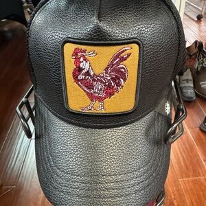 Black Leather Cap with Rooster Patch